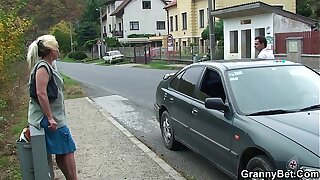 He picks up and doggy-fucks blonde old granny