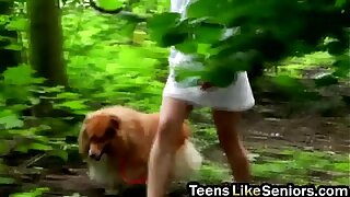 All natural nasty teen slut slammed hard in the forest by senior guy